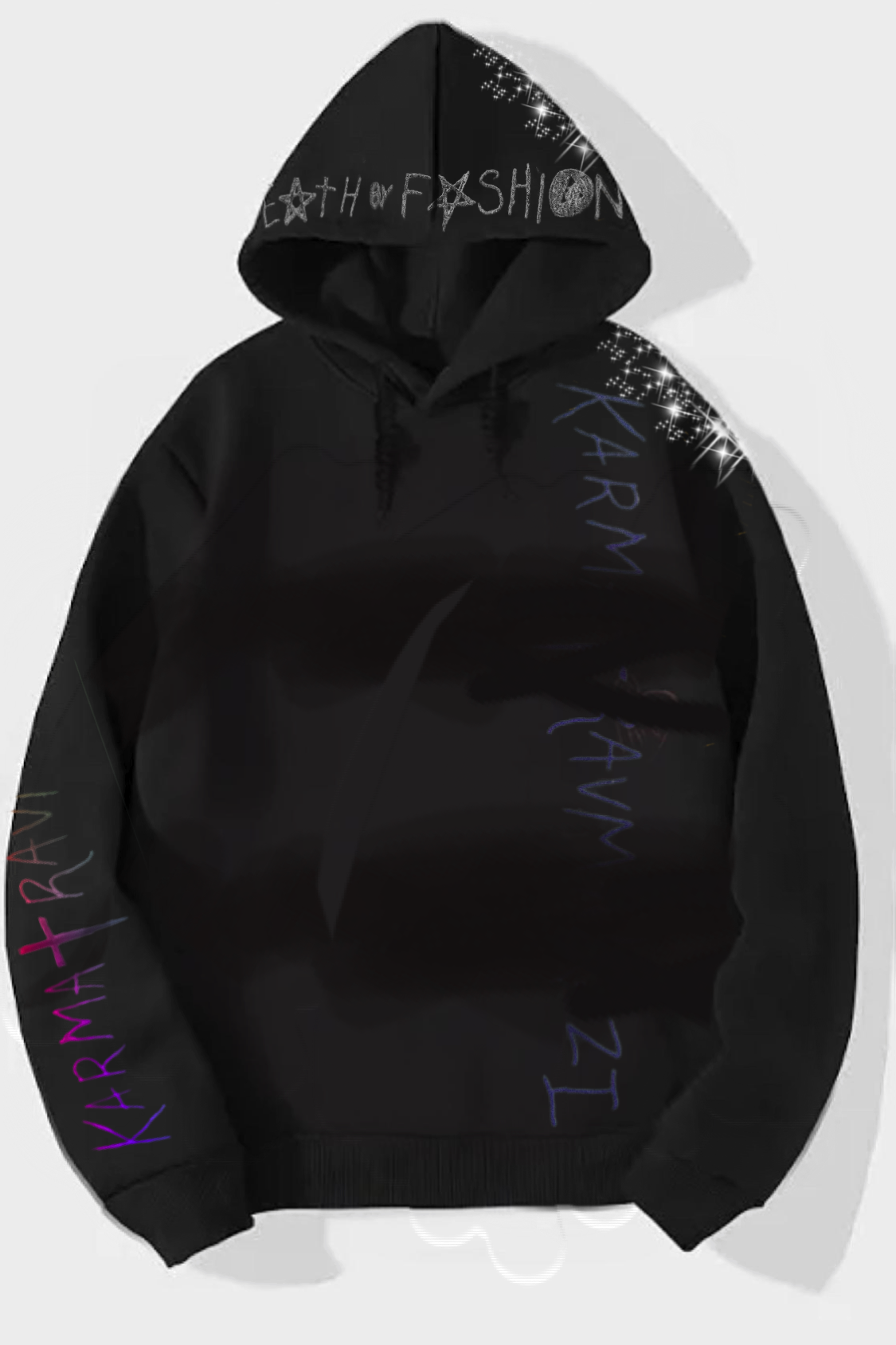 Black hoodie with hand-scrawled Karmatraumakazi sleeve lettering and Death or Fashion hood text