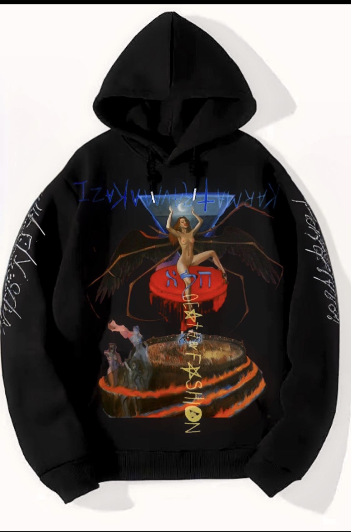 Black hoodie with a winged figure above a blazing ritual circle