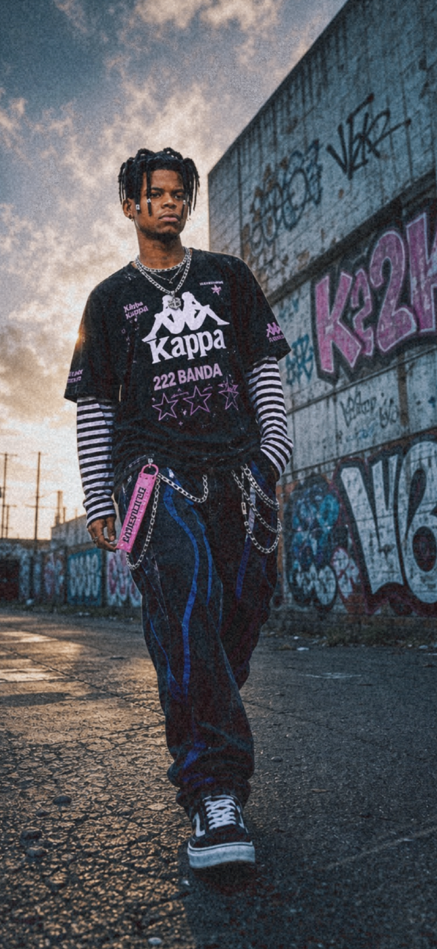 Model in the Kappa 222 Banda tee on a graffitied street at dusk