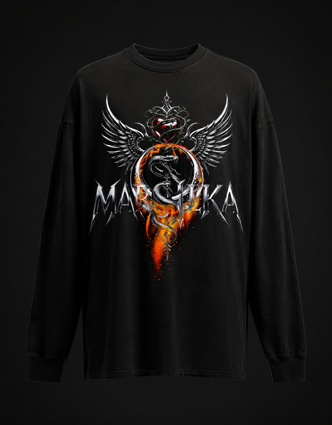 Black long-sleeve tee with the chrome MARSILKA winged heart and flame serpent graphic