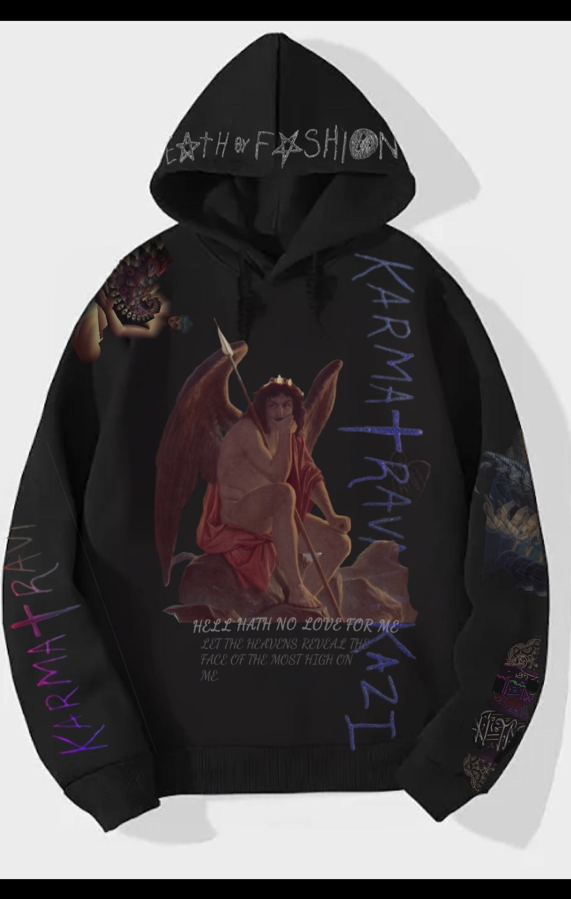 Black hoodie with a seated fallen angel print and hand-scrawled sleeve text