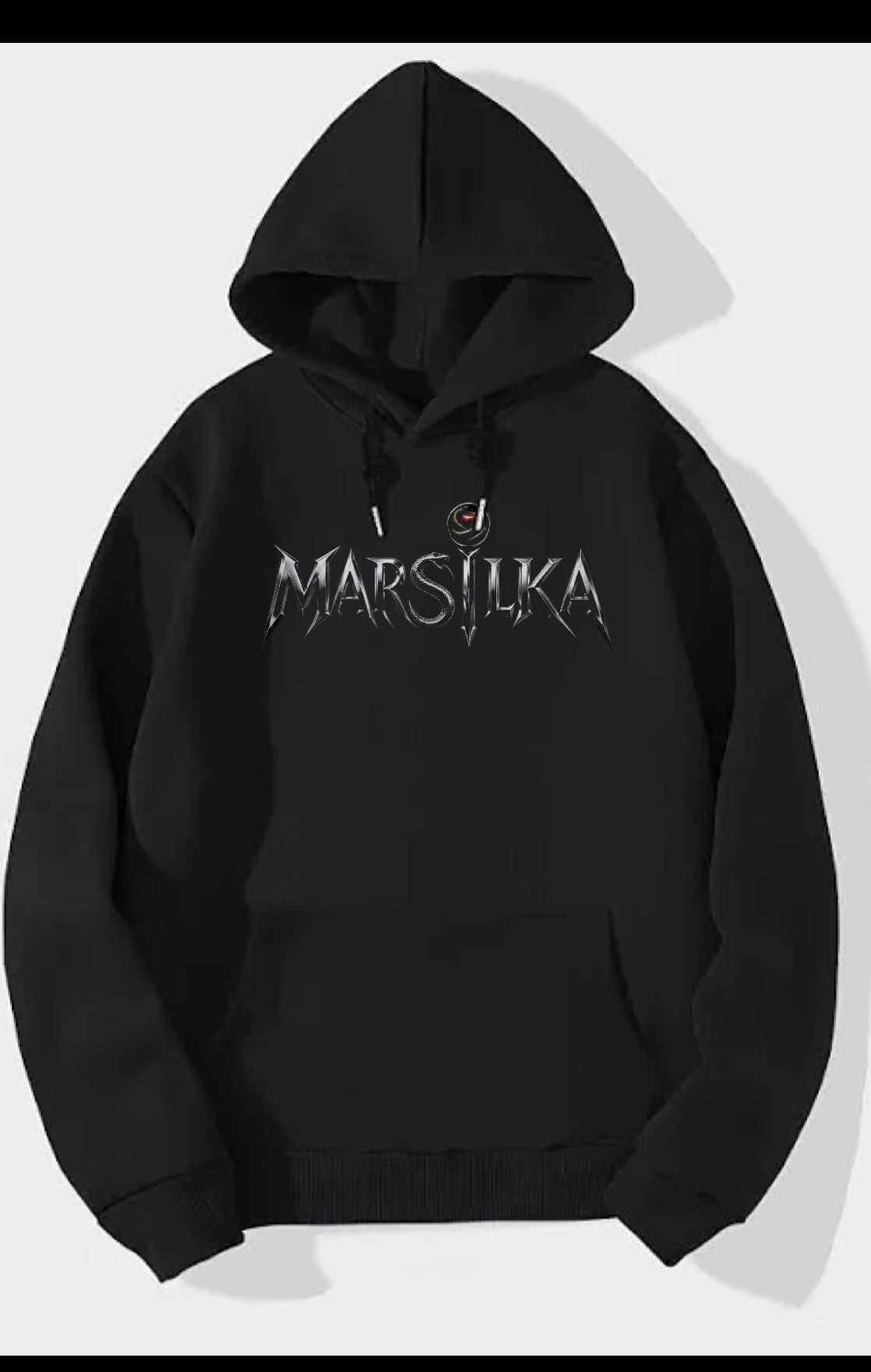 Black oversized hoodie with the chiselled silver MARSILKA logotype