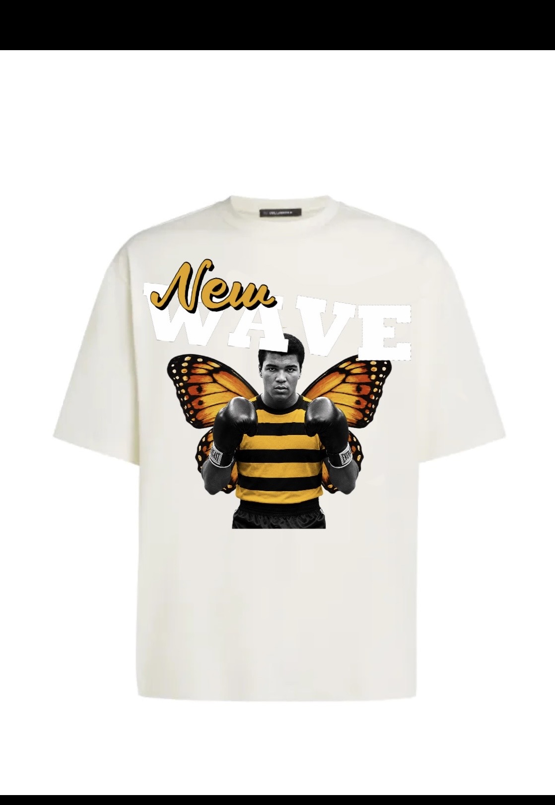 Off-white oversized tee with the butterfly-winged boxer New Wave graphic