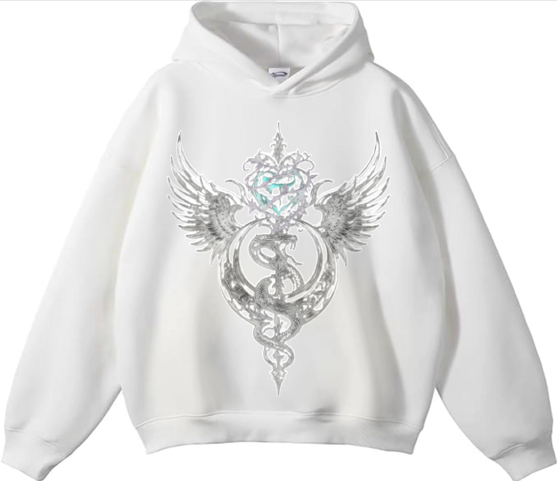 White oversized hoodie with a chrome winged-serpent and thorned-heart graphic
