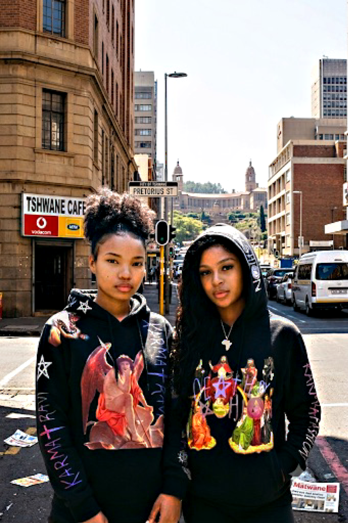 Two models in MARSILKA hoodies on Pretorius Street, Pretoria