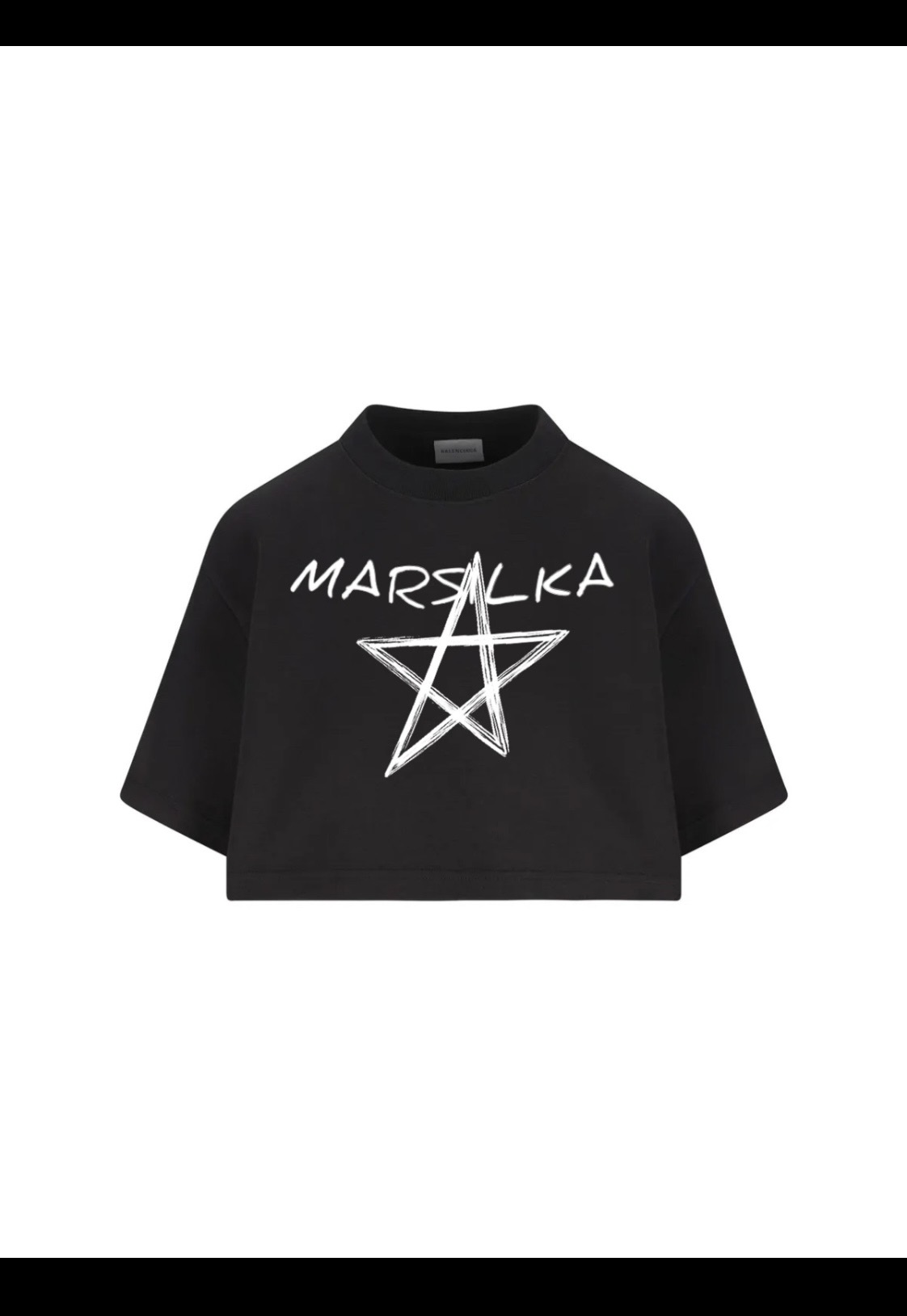 Black cropped tee with a hand-drawn MARSILKA star graphic