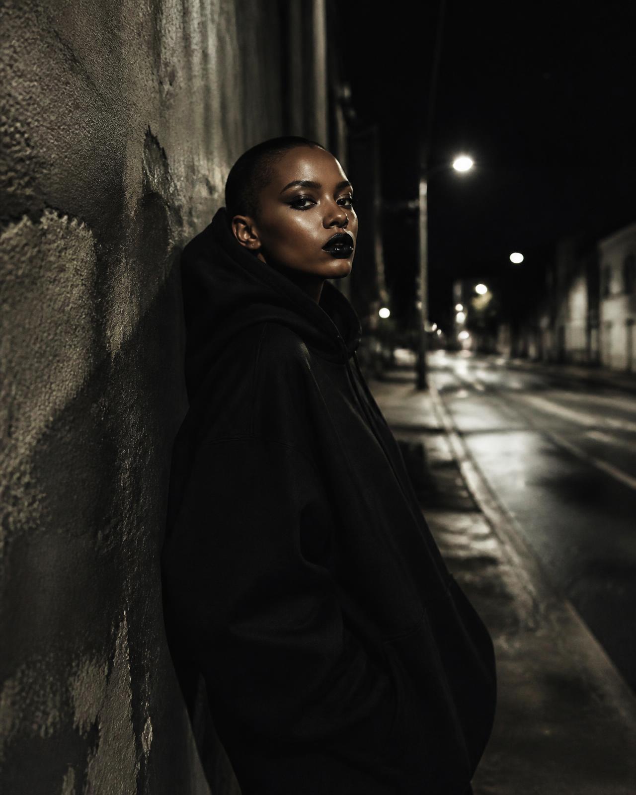 MARSILKA campaign: model in the logo hoodie against a concrete wall at night